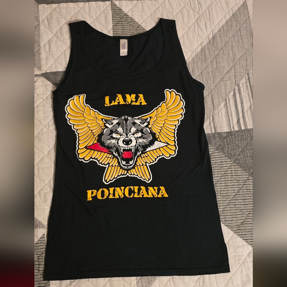 Gildan Black Tank Top with Wolf and Wings Design. Poinciana Lama Bykers.